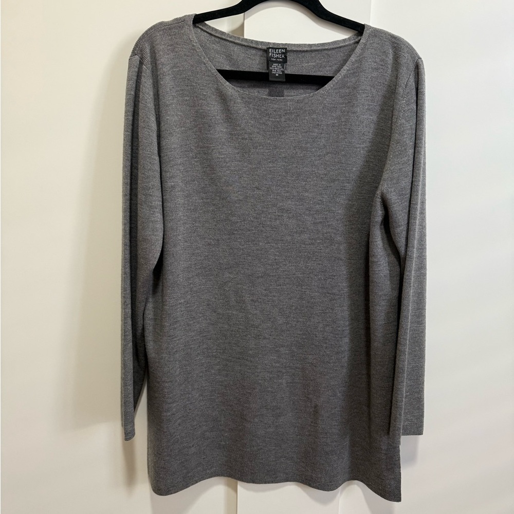 Eileen Fisher Merino Wool Tunic Sweater Gray Chic Lagenlook Minimalist  Lux M